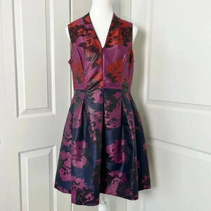Vince Camuto  Metallic Jacquard Roses Fit & Flare Party Dress Red Purple Size 10